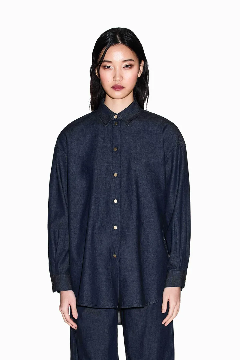 Armani Exchange γυναικείο denim πουκάμισο με ασύμμετρο τελείωμα - XW002258AF21337 Denim Blue Σκούρο