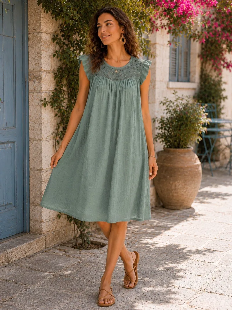 Αέρινο Midi Φόρεμα Με Δαντέλα - Χακί | Dress Up Χακί