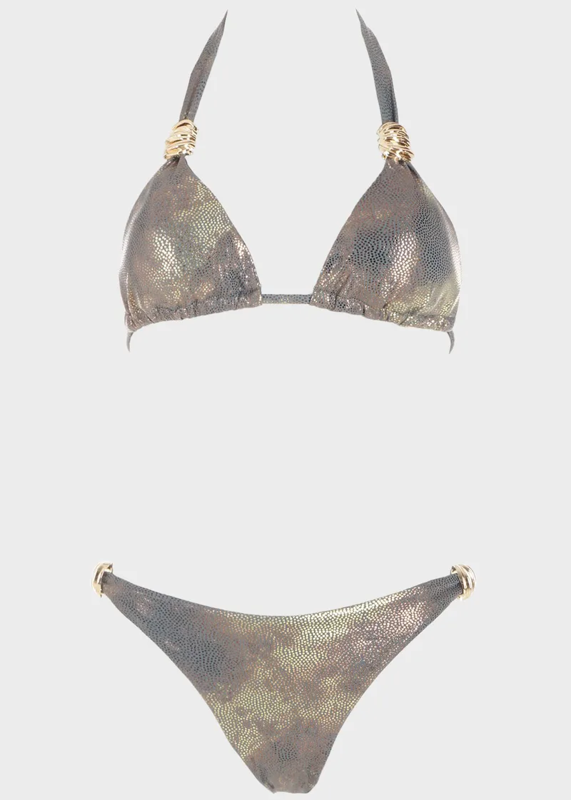 Bikini τριγωνάκι με χρυσά διακοσμητικά. Καλύπτει B Cup ΧΑΚΙ