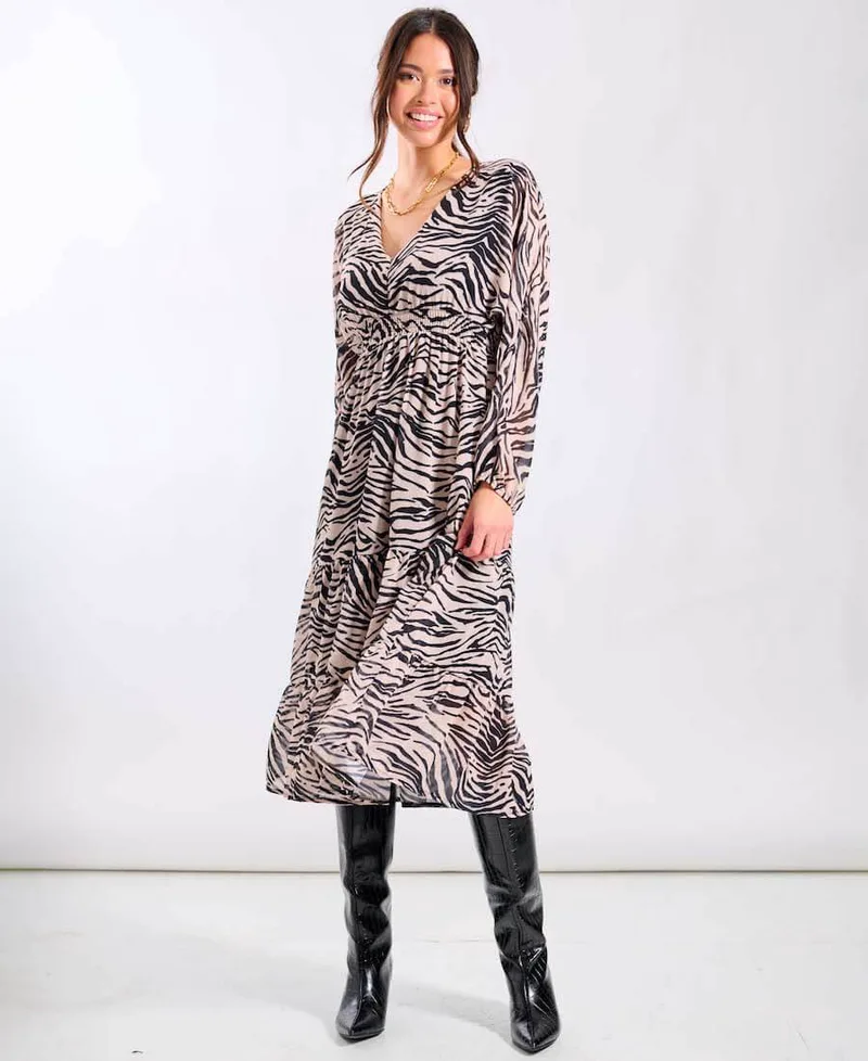 Mono Animal Tiered Chiffon Midi Dress | Clothing Size: 14
