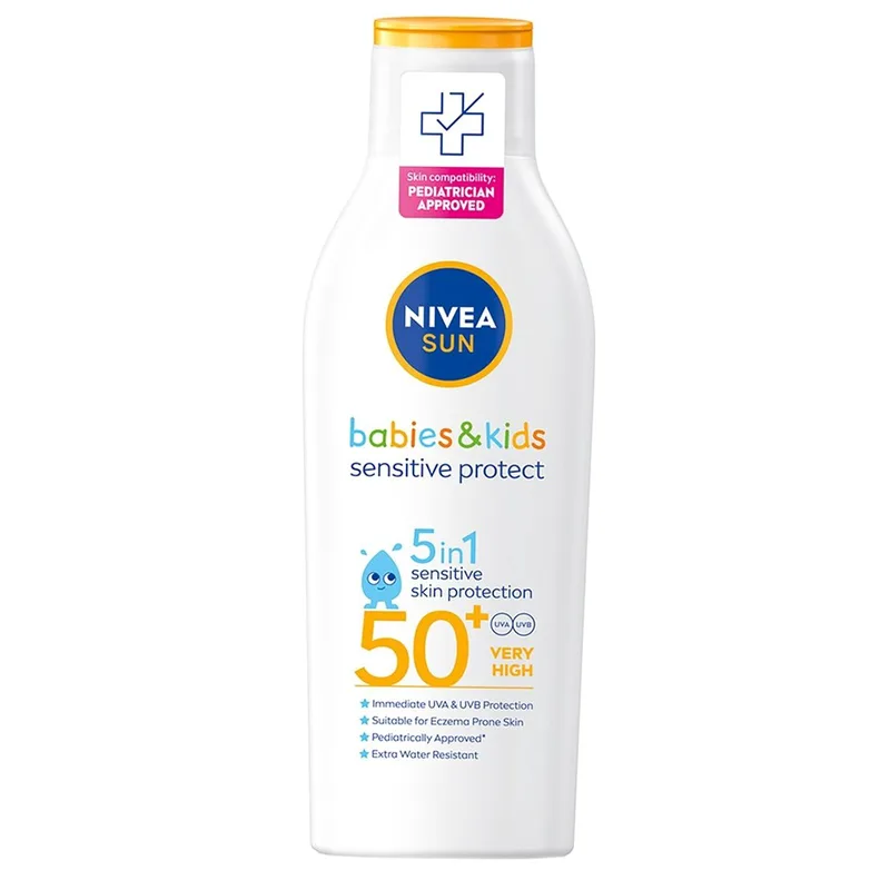 Nivea Sun Babies & Kids Sensitive Protective 5 in 1 Spf50+ Βρεφικό, Παιδικό Αντηλιακό Γαλάκτωμα Προσώπου, Σώματος Πολύ Υψηλής Προστασίας 200ml