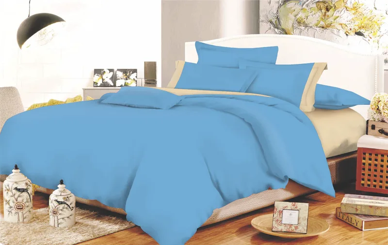Σετ Σεντόνια ΚΟΜΒΟΣ Cotton Line Sky Blue - Μπεζ Μονόχρωμα με Φάσα Μονά με λάστιχο 100x200+22