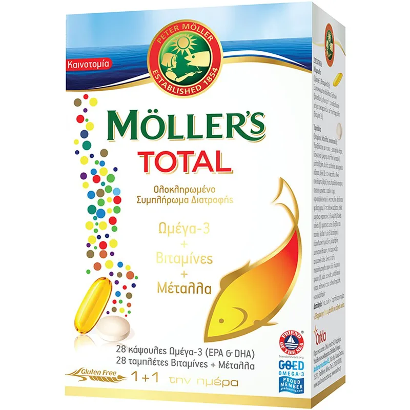 Moller's Total Συμπλήρωμα Διατροφής με Ωμέγα 3, Βιταμίνες & Μέταλλα για Τόνωση του Οργανισμού 28caps + 28tabs