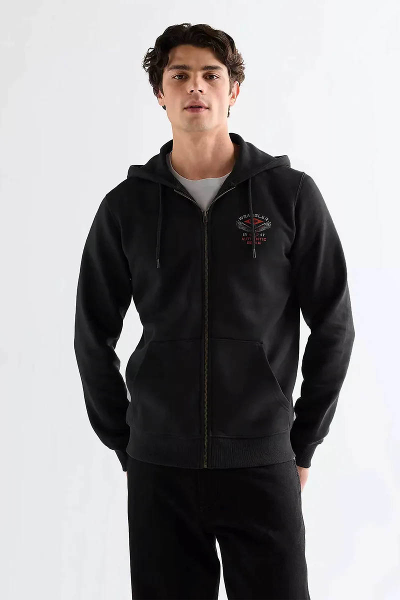 Wrangler® ανδρική ζακέτα φούτερ με κουκούλα και print Regular Fit - 112378029 Μαύρο