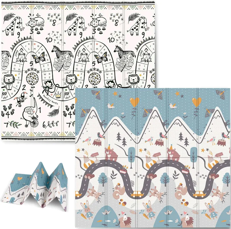 Nukido Baby Play Mat NK-340 - Αντιολισθητικό Αναδιπλούμενο Παιδικό / Βρεφικό Χαλάκι Δύο Όψεων για Δραστηριότητες / Παιχνίδι από Αφρό XPE - 200 x 180 x 1cm - Mountains / Safari (5903890609030)