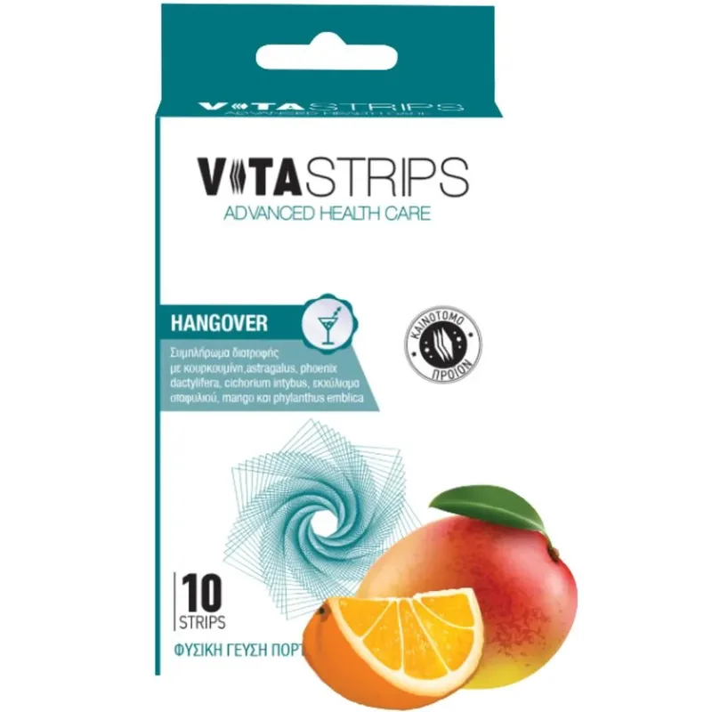 Vitastrips Hangover Συμπλήρωμα Διατροφής Κατάλληλο για Χρήση Πριν & Μετά την Κατανάλωση Αλκοόλ που Βοηθά στη Μείωση της Κόπωσης & την Αναπλήρωση του Οργανισμού με Θρεπτικά Συστατικά με Γεύση Πορτοκάλι & Μάνγκο 10 Διασπειρόμενες στο Στόμα Ταινίες
