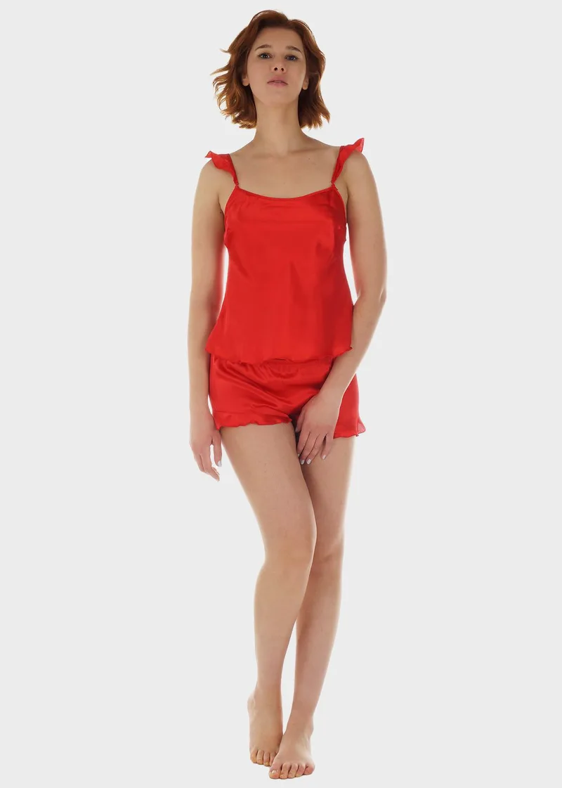 Γυναικείο σατέν μονόχρωμο baby doll λεπτομέρειες βολάν ΚΟΚΚΙΝΟ