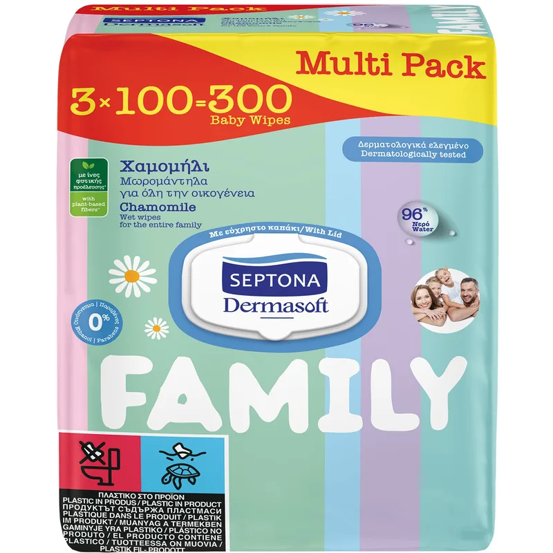 Septona Family Wet Wipes with Chamomile Απαλά Μωρομάντηλα για Όλη την Οικογένεια με Χαμομήλι με Καπάκι 300 Τεμάχια (3x100 τεμάχια)