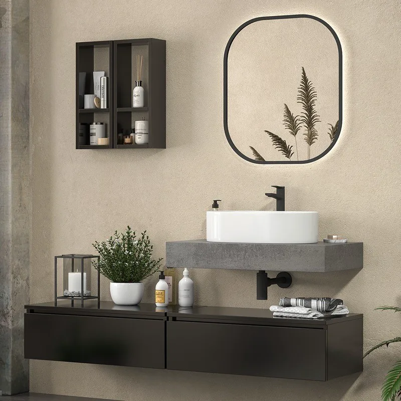 Έπιπλο Black Premium με 2 Συρτάρια & Stone Grey Επιφάνεια (80+80cm x45cm) (Έπιπλο Χωρίς Νιπτήρα)