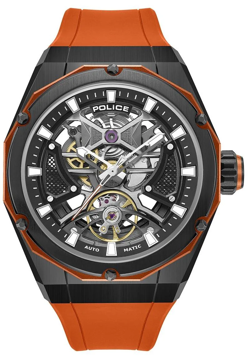 POLICE Dayton Skeleton Automatic - PEWGR0082302, Black case with Πορτοκαλί Rubber Strap