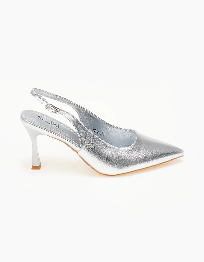 Μυτερές open heel γόβες με λεπτό τακούνι - Ασημί