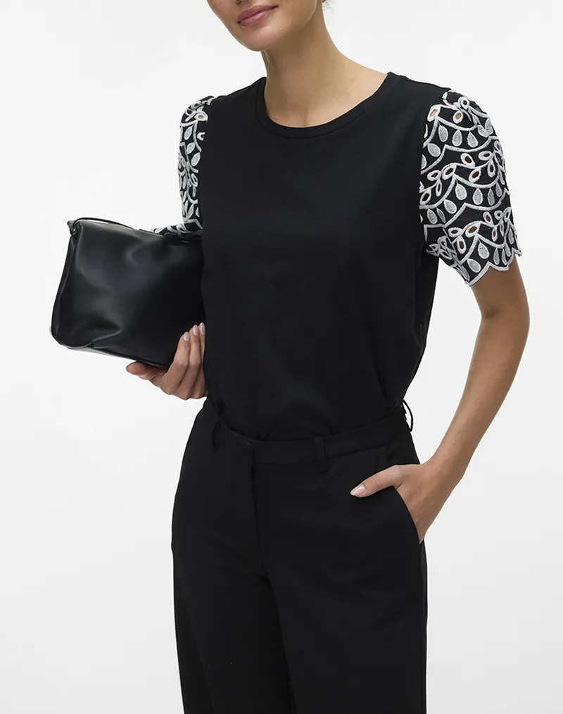 VERO MODA VMJASY S/S O-NECK TOP JRS BTQ 10343133-BlackSNOWWHITECONTRASTLACE JetBlack