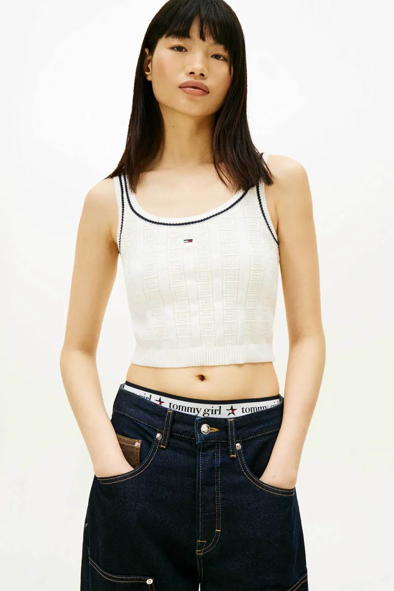 Tommy Jeans γυναικείο πλεκτό cropped τοπ με λογότυπο Slim Fit - DW0DW22027 Λευκό