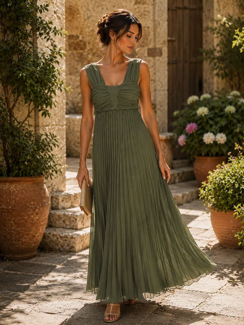 Πλισέ Maxi Φόρεμα με Σούρες στο Μπούστο - Χακί | Dress Up Χακί