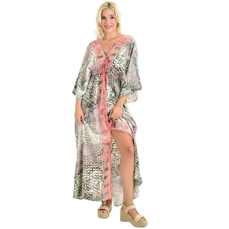 Καφτάνι Μάξι με Animal Print & Φαρδιά Μανίκια Κοραλί 26705
