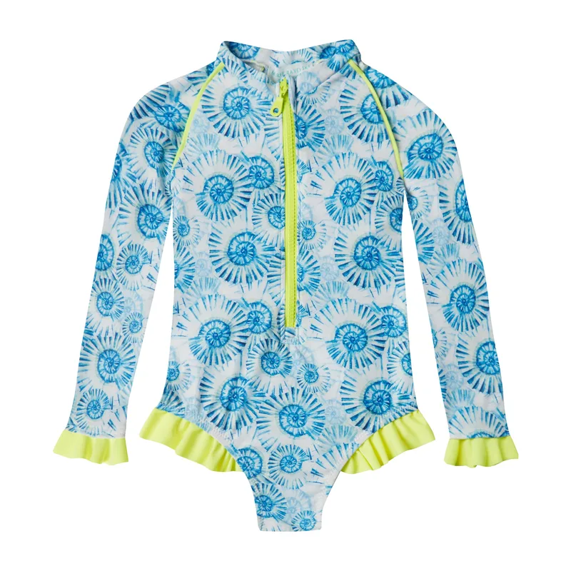 GIRL'S ONE PIECE LONG SLEEVE RUFFLES SEASHELLS