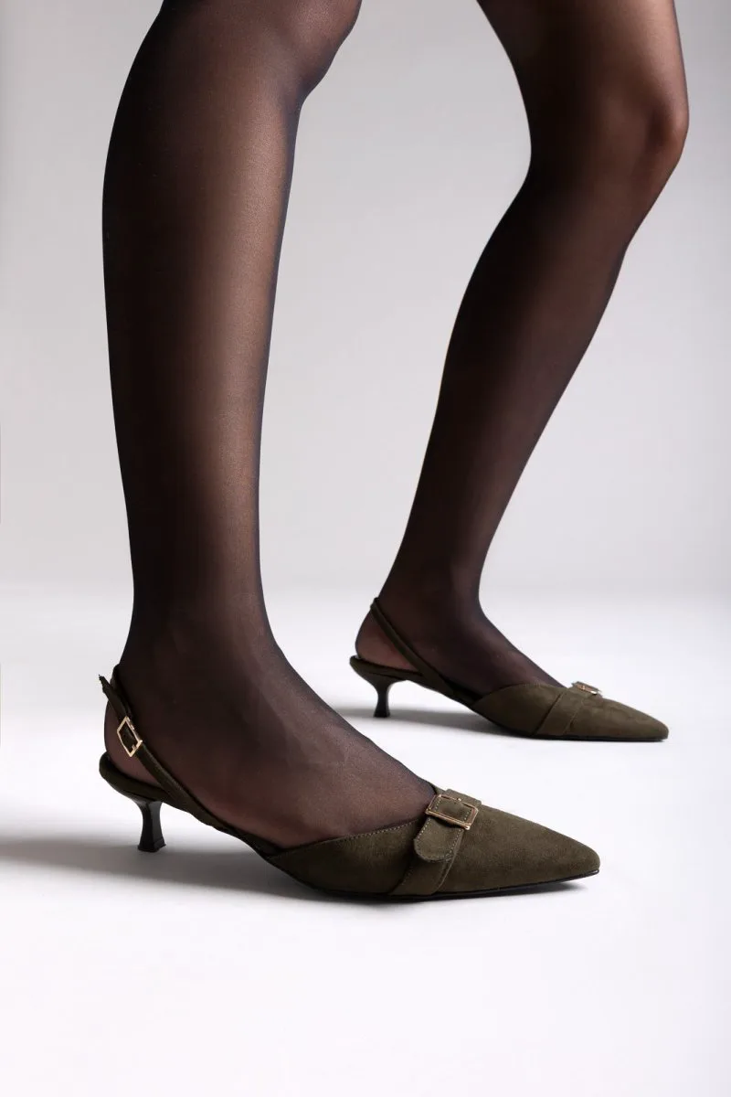 TFP Pointed Slingback Pumps with Kitten Heel - 351 - Olive Suede