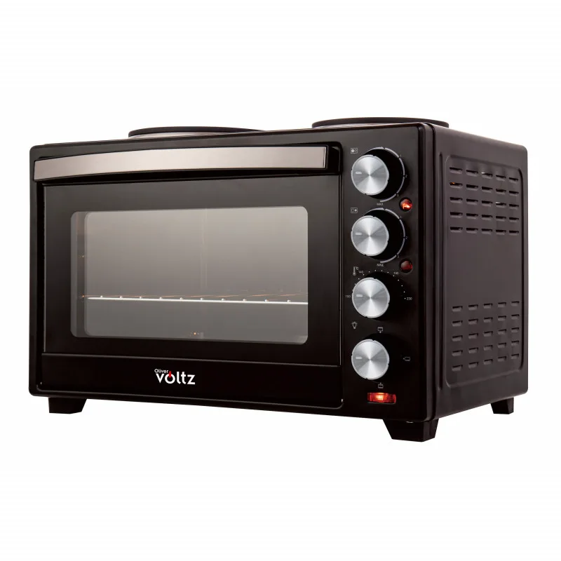 Μικρή κουζίνα Oliver Voltz OV51441F48, 3200W, 2 εστίες, 48 l, 100-230C, Διπλή γυάλινη πόρτα, Φωτισμός, Μαύρο