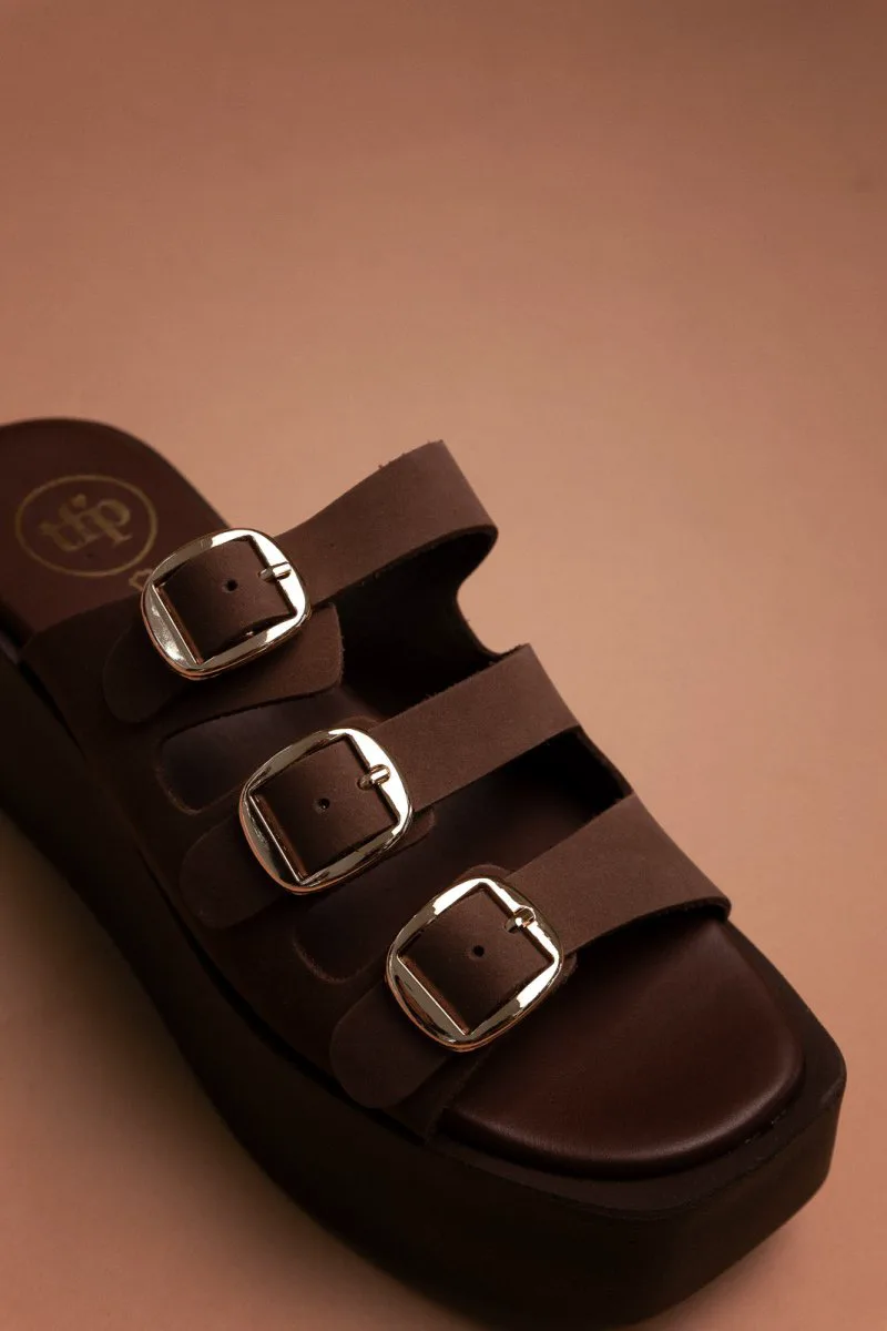 TFP Leather Flatform Sandals with Buckles - 2033 - Καφέ