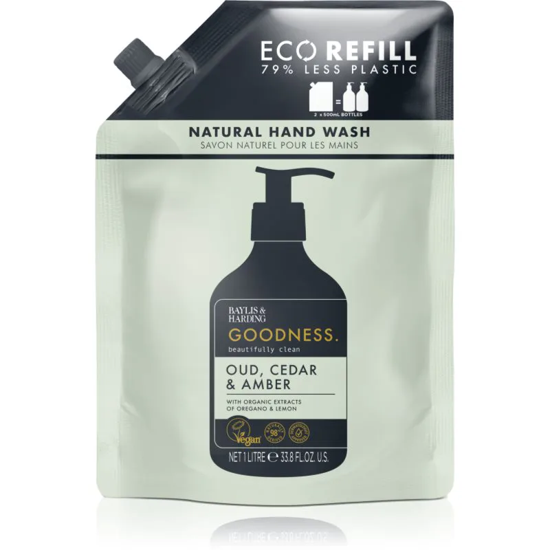 Baylis & Harding Goodness Oud, Cedar & Amber φυσικό ρευστό σαπούνι για τα χέρια REFILL 1000 ml