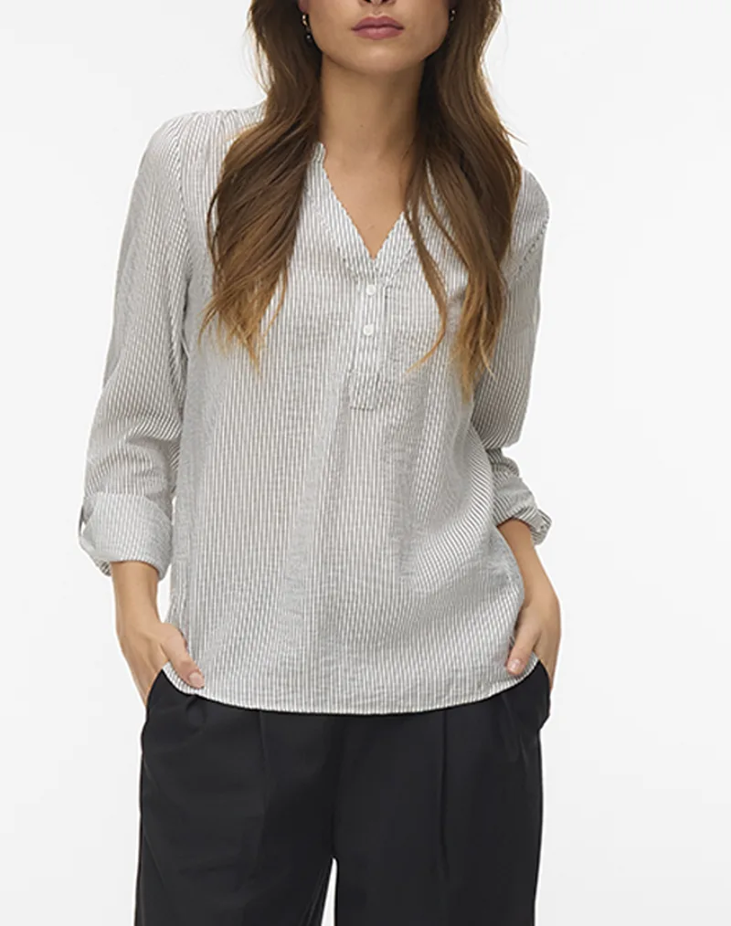 VERO MODA VMKAJA LS V-NECK FOLD-UP TOP WVN 10340684-Snow WhiteAmandaBlack OffWhite