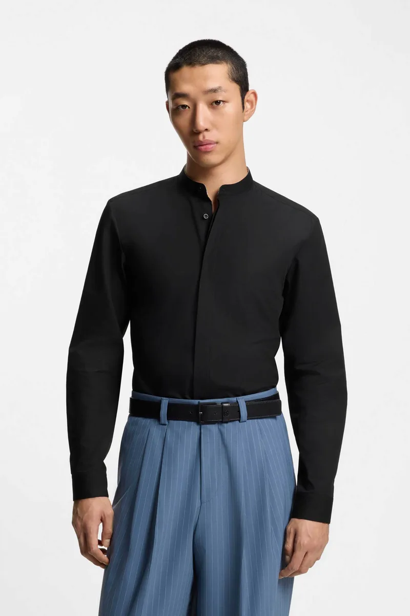 Hugo Boss ανδρικό πουκάμισο μονόχρωμο με μάο γιακάς Slim Fit "Kaleb" - 50554690 Μαύρο