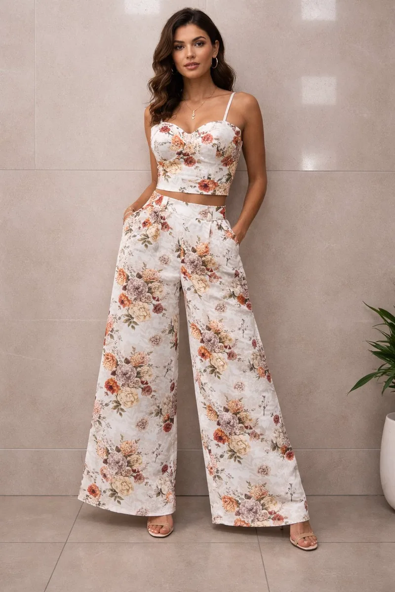 Άσπρο Floral Σετ Crop Top Μπουστάκι Και Παντελόνα Με Άνετη Γραμμή | Dress Up Άσπρο