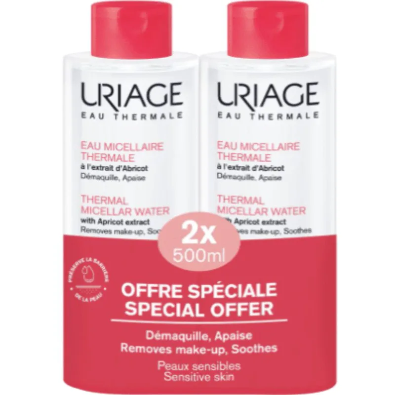 Uriage Promo Eau Thermal Apricot Extract Sensitive Skin Micellar Water Ιαματικό Μικυλλιακό Νερό για Ντεμακιγιάζ, Κατάλληλο για Ευαίσθητες Επιδερμίδες 1Lt (2x500ml)