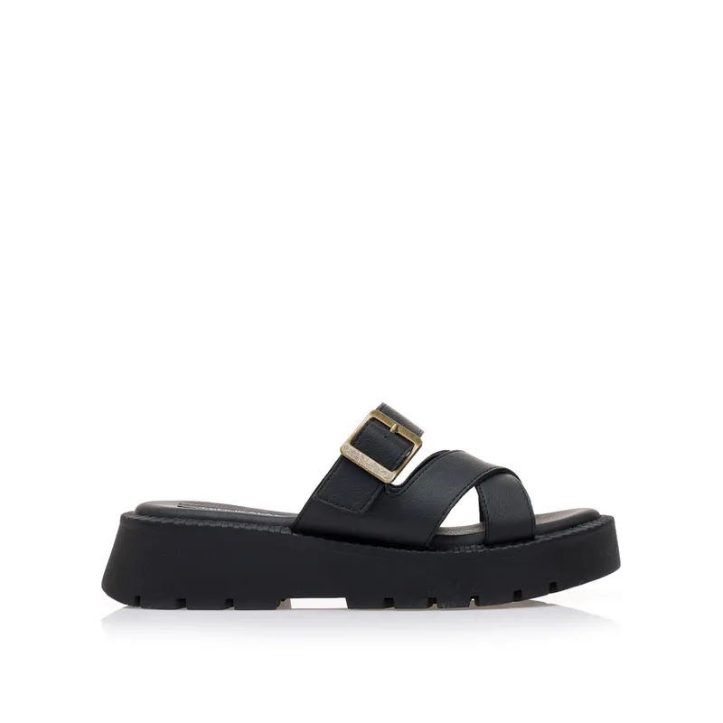 Flatforms μαύρα δερματίνη με χιαστί φάσα ΜΑΥΡΟ