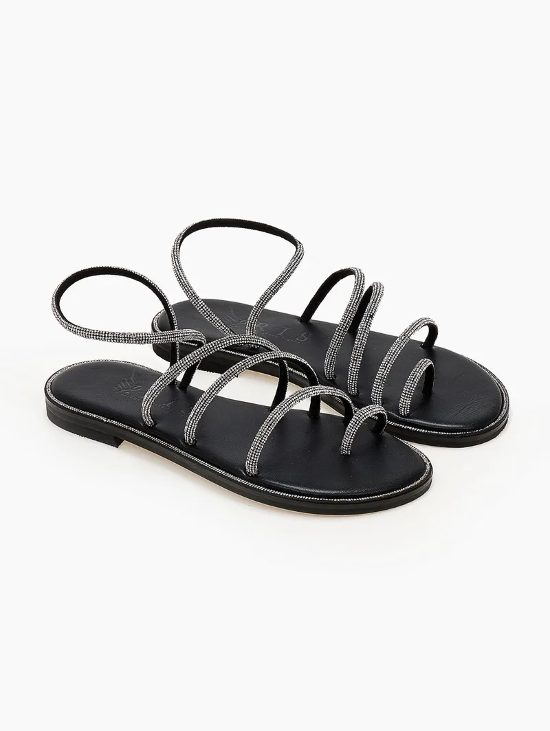 IRIS Leather Sandals Rhinestone Straps - 209PR/777B - Black/Silver