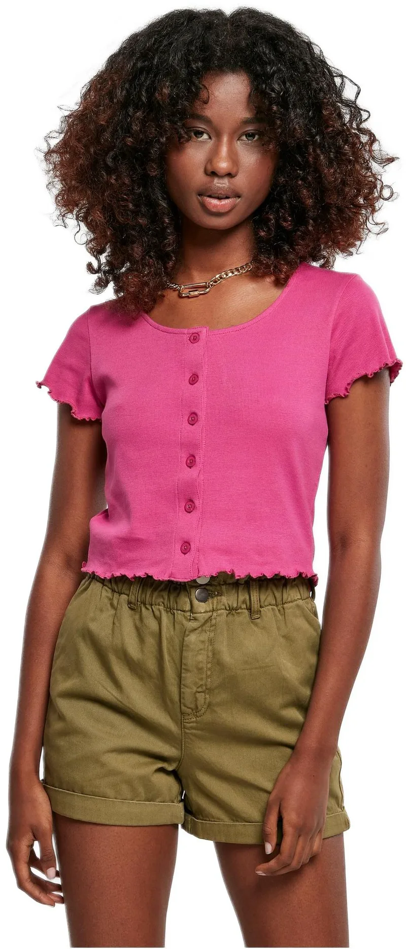 Ladies Cropped Button Up Rib Tee Urban Classics TB4103-02260 brightviolet