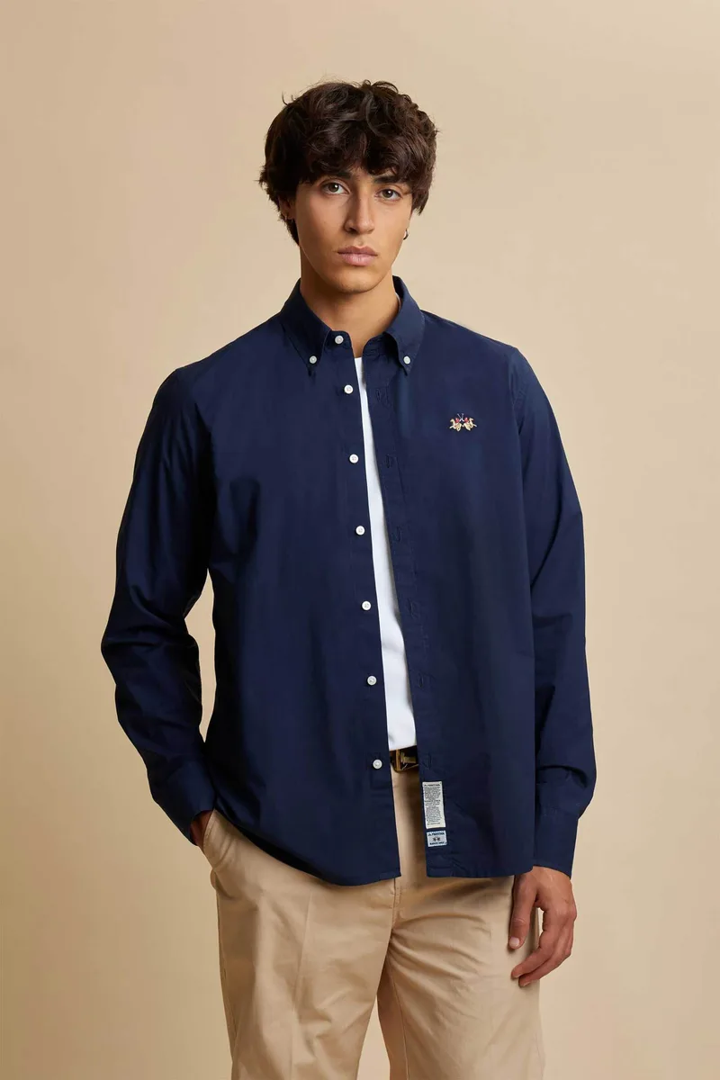 La Martina ανδρικό πουκάμισο poplin button down με κεντημένο λογότυπο "Rodolfo" - MCC016-PP749 Μπλε Σκούρο