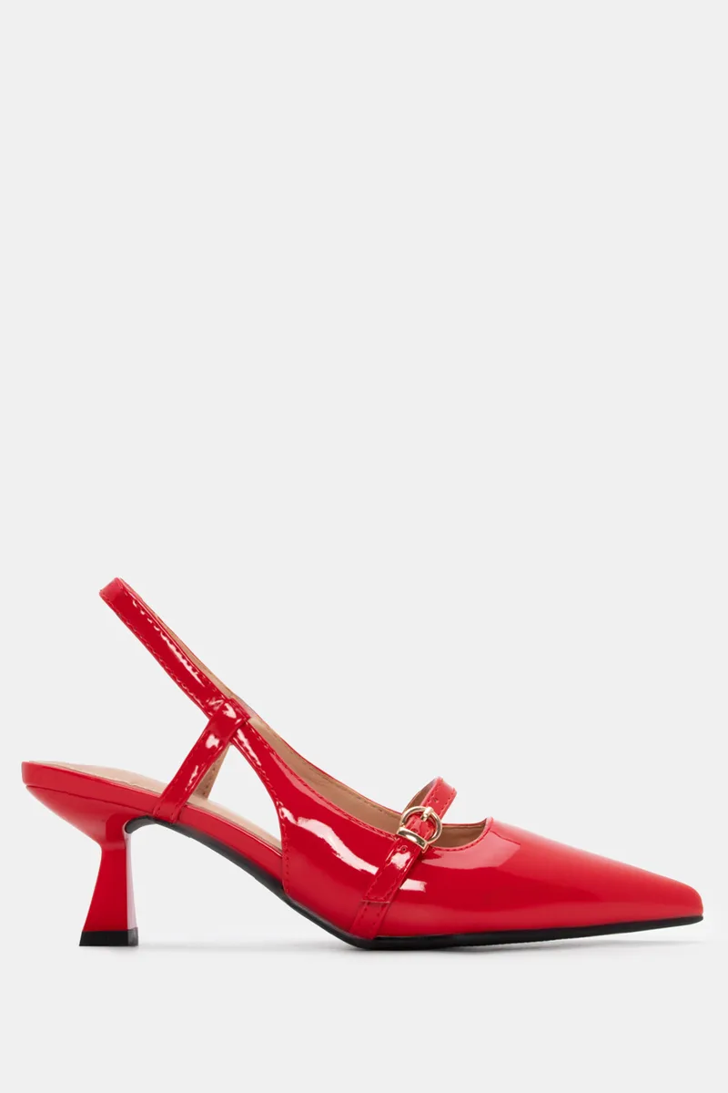 Γόβες Μυτερές Slingback με Διακοσμητική Τόκα & Λάστιχο - Κόκκινο-Λουστρίνι
