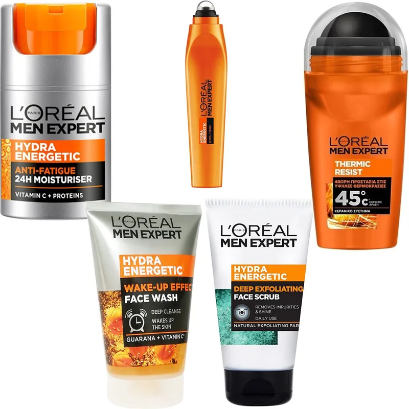 Σετ L'Oreal Paris Men Expert Hydra Energetic Anti Tiredness 24H Moisturiser 50ml & Wake-Up Effect Face Wash 100ml & Face Scrub 100ml & Eye Roll on 10ml & Thermic Resist 48H Roll-on Deo 50ml
