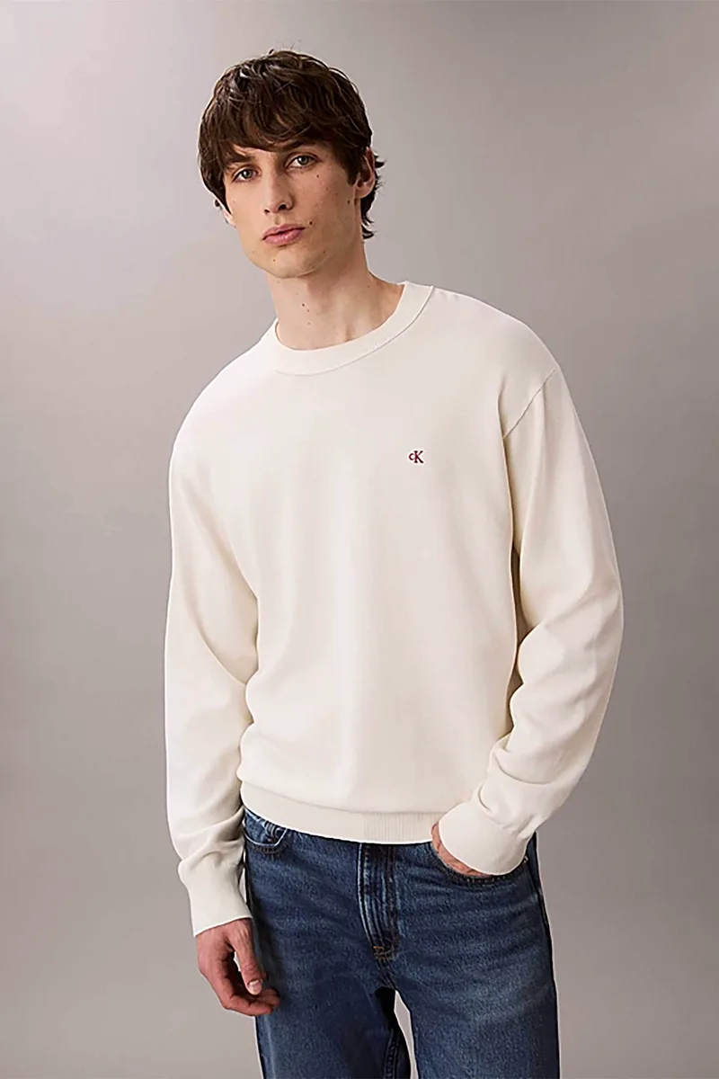 Calvin Klein Jeans ανδρικό βαμβακερό πουλόβερ με λογότυπο Regular Fit - LV04RC309G Εκρού