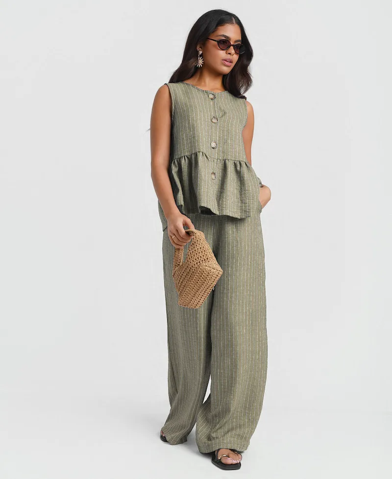 Khaki Stripe Peplum Top | Size: S