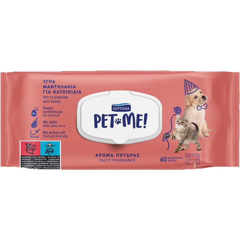 Septona Pet Me! Cleaning Wet Wipes Talcy Υγρά Μαντηλάκια Καθαρισμού για Κατοικίδια με Άρωμα Πούδρας 60 Τεμάχια