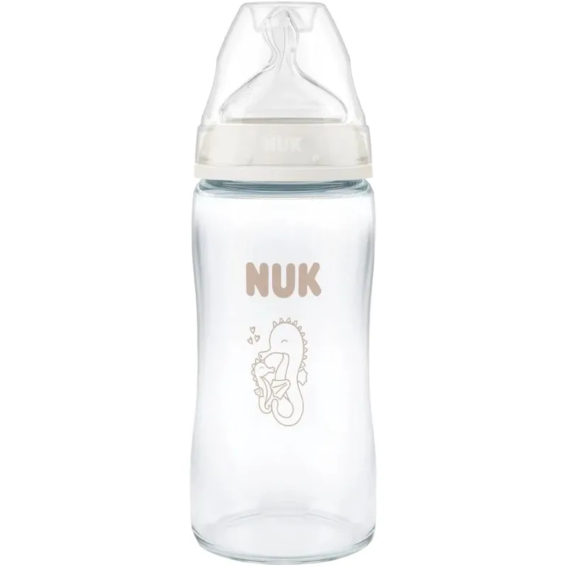 Nuk First Choice Plus Glass Bottle Temperature Control Silicone Medium 3m+, Γυάλινο Μπιμπερό με Θηλή Σιλικόνης Κατά των Κολικών & Δείκτη Ελέγχου Θερμοκρασίας από 3 Μηνών & Άνω 240ml - Seahorse Λευκό