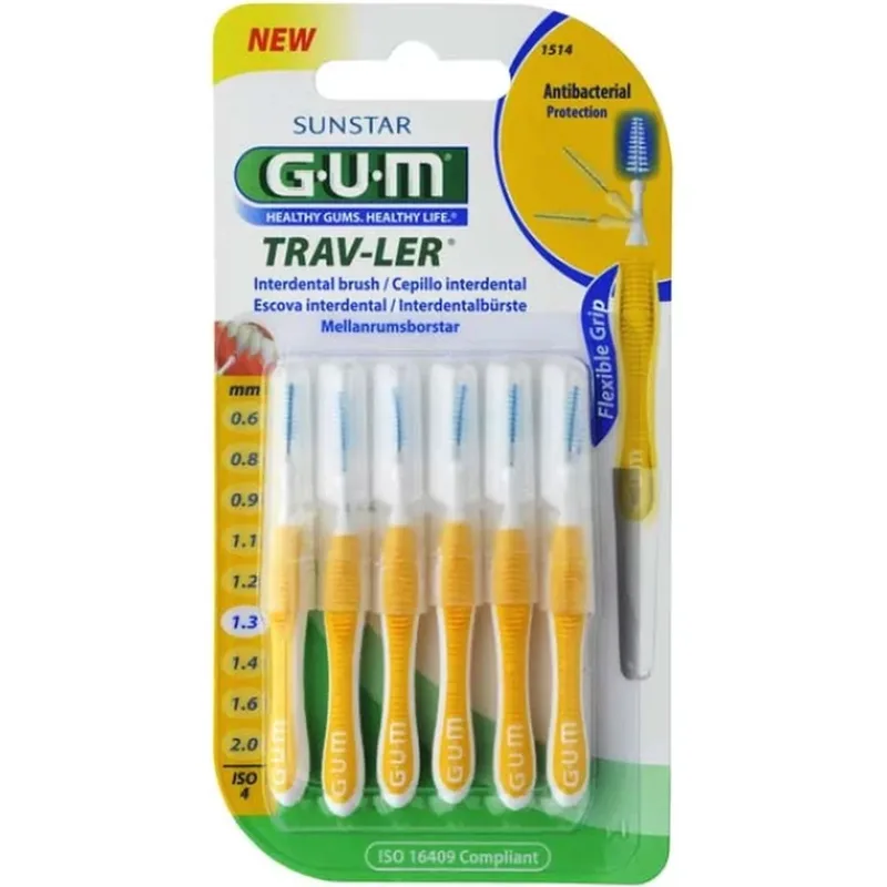 Gum Trav-Ler Interdental Brush Μεσοδόντια Βουρτσάκια για Εύκολο & Καθημερινό Καθαρισμό Ανάμεσα στα Δόντια 6 Τεμάχια - 1.3mm - ISO 4