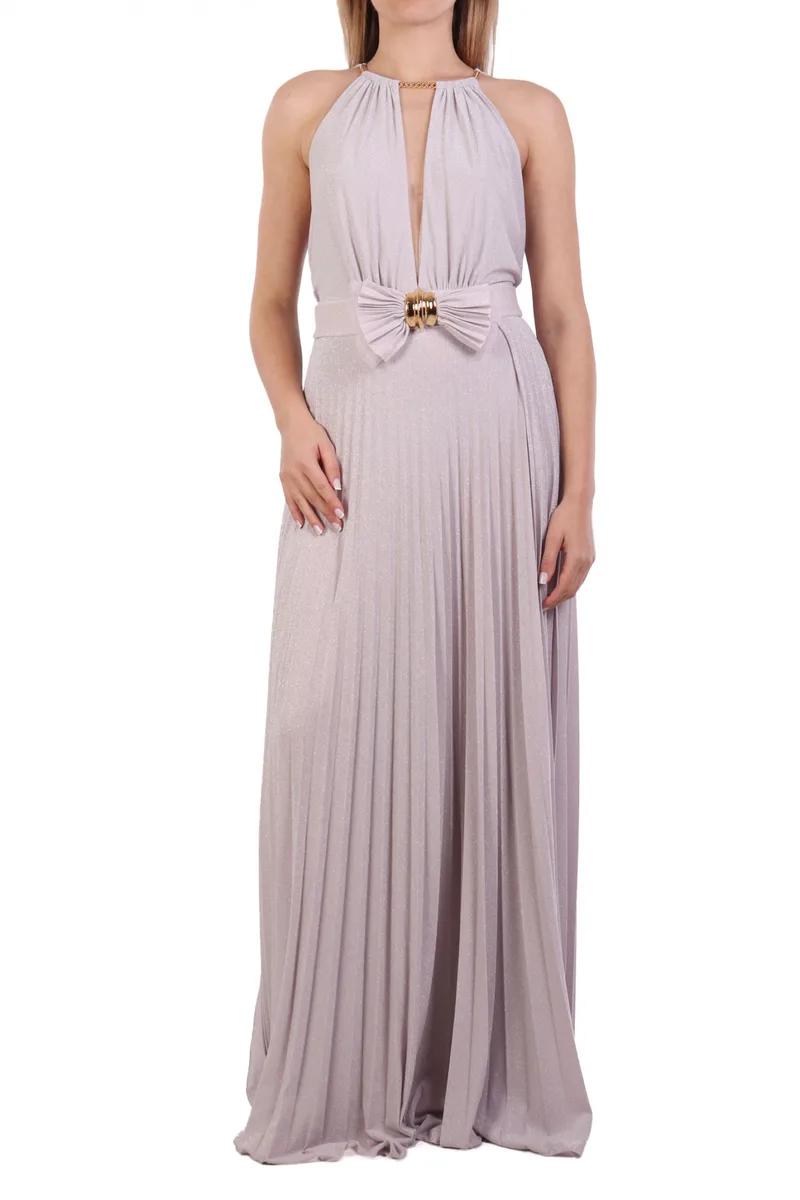 ELISABETTA FRANCHI ΦΟΡΕΜΑ RED CARPET MAXI ΠΛΙΣΕ ΑΝΟΙΓΜΑ ΜΠΡΟΣΤΑ LUREX ΑΠΑΛΟ ΡΟΖ
