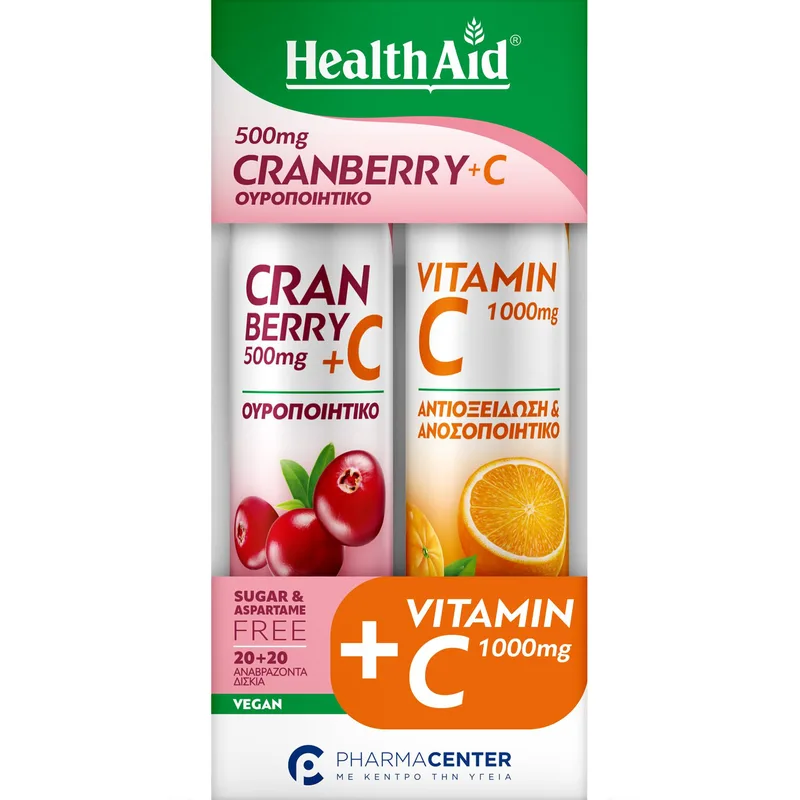 Health Aid Promo Cranberry 500mg Plus Vitamin C 100mg Natural Flavor 20 Effer.tabs & Vitamin C 1000mg Πορτοκαλί 20 Effer.tabs