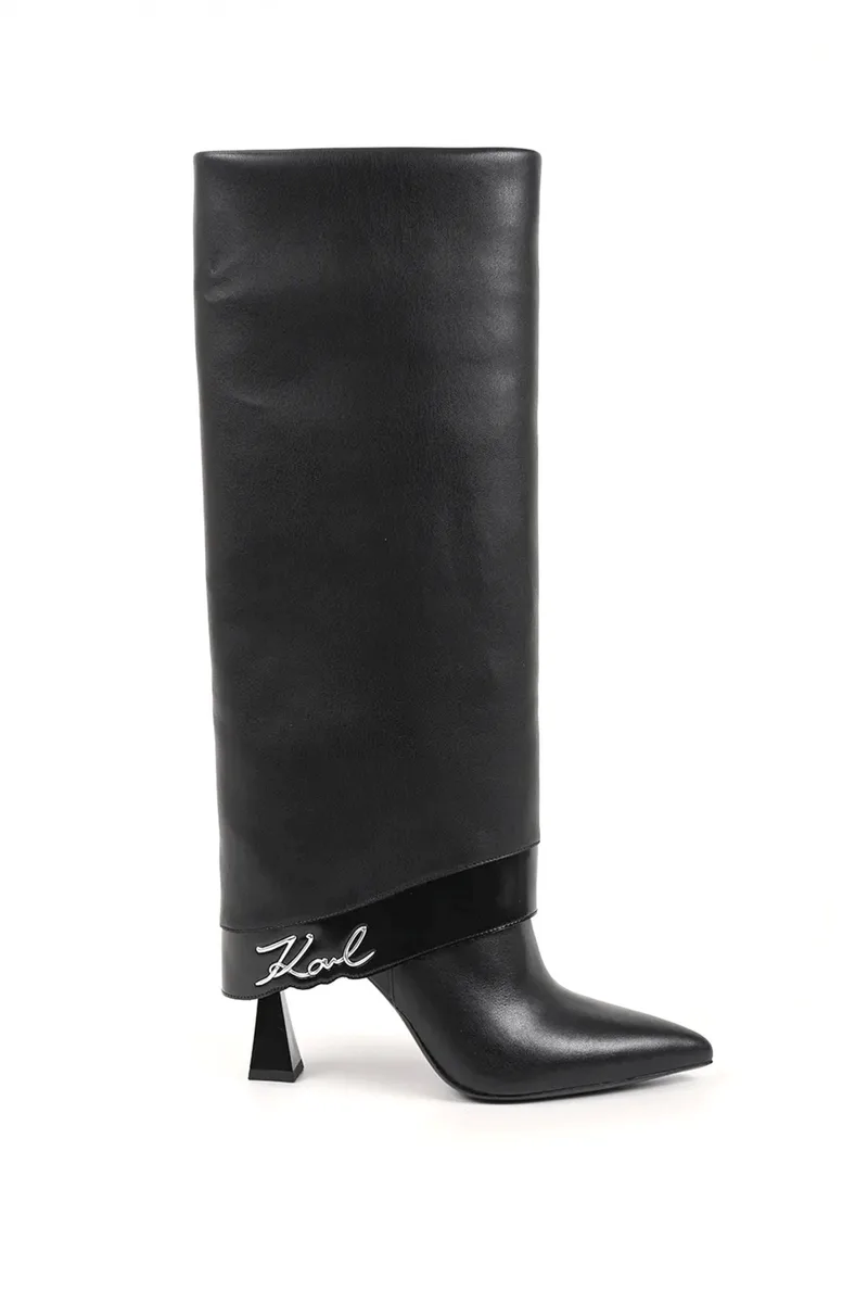 KARL LAGERFELD ΠΑΠΟΥΤΣΙΑ MΠΟΤΕΣ DEBUTANTE FOLD DOWN HI LEG BOOT METAΛΛΙΚΟ LOGO ΜΑΥΡΟ