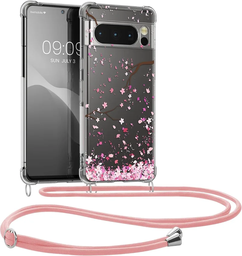 Θήκη Google Pixel 8 Pro - KWmobile Crystal TPU Necklace Διάφανη Σιλικόνης με Λουράκι Λαιμού - Cherry Blossoms / Cherry Petals / Ροζ / Dark Brown / Transparent (61866.02)