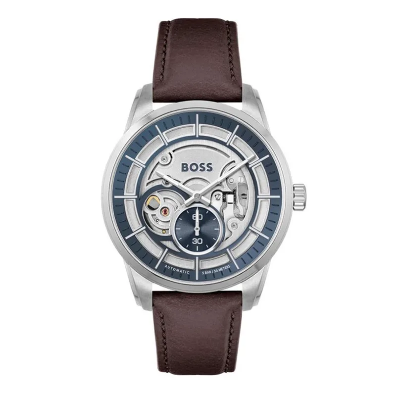 Boss Mens Watch Sophio Automatic Open Heart Brown Leather Strap 1513944