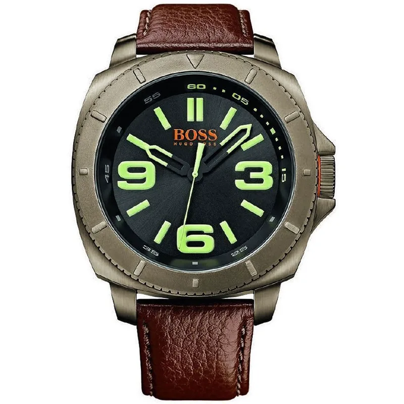 BOSS ORANGE Sao Paulo Luminous Black Face Brown Leather Strap Watch 1513164