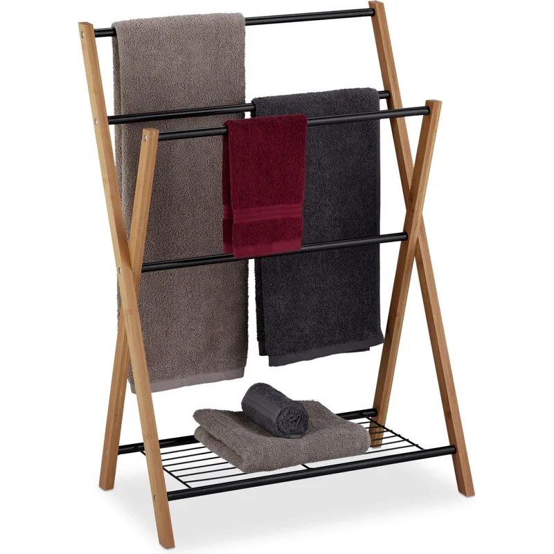 Kρεμάστρα για Πετσέτες Relaxdays Freestanding Towel Rack Βάση Μπάνιου από Μπαμπού με Ράφι - Natural / Black (10024764)