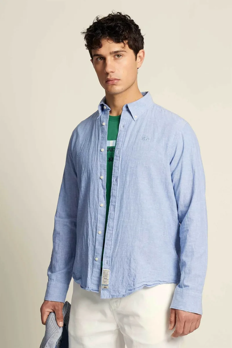 La Martina ανδρικό πουκάμισο button down με λογότυπο Regular Fit "Rodolfo" - MCC006-TL141 Μπλε Ανοιχτό