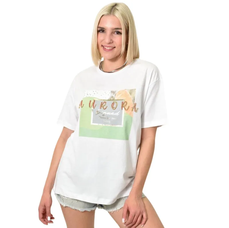 Γυναικείο T-shirt με στρας aurora Λευκό 23963