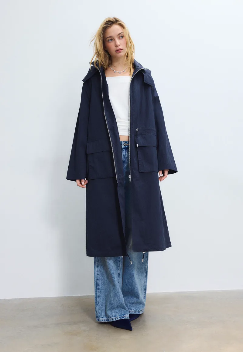 Stradivarius Μακρύ Ρευστό Παρκά Navy Blue Xs