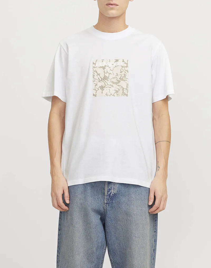 JACK&JONES JCOTARMAC CAMO FRONT TEE SS CREW NECK LN 12273239-BRIGHT WHITE White